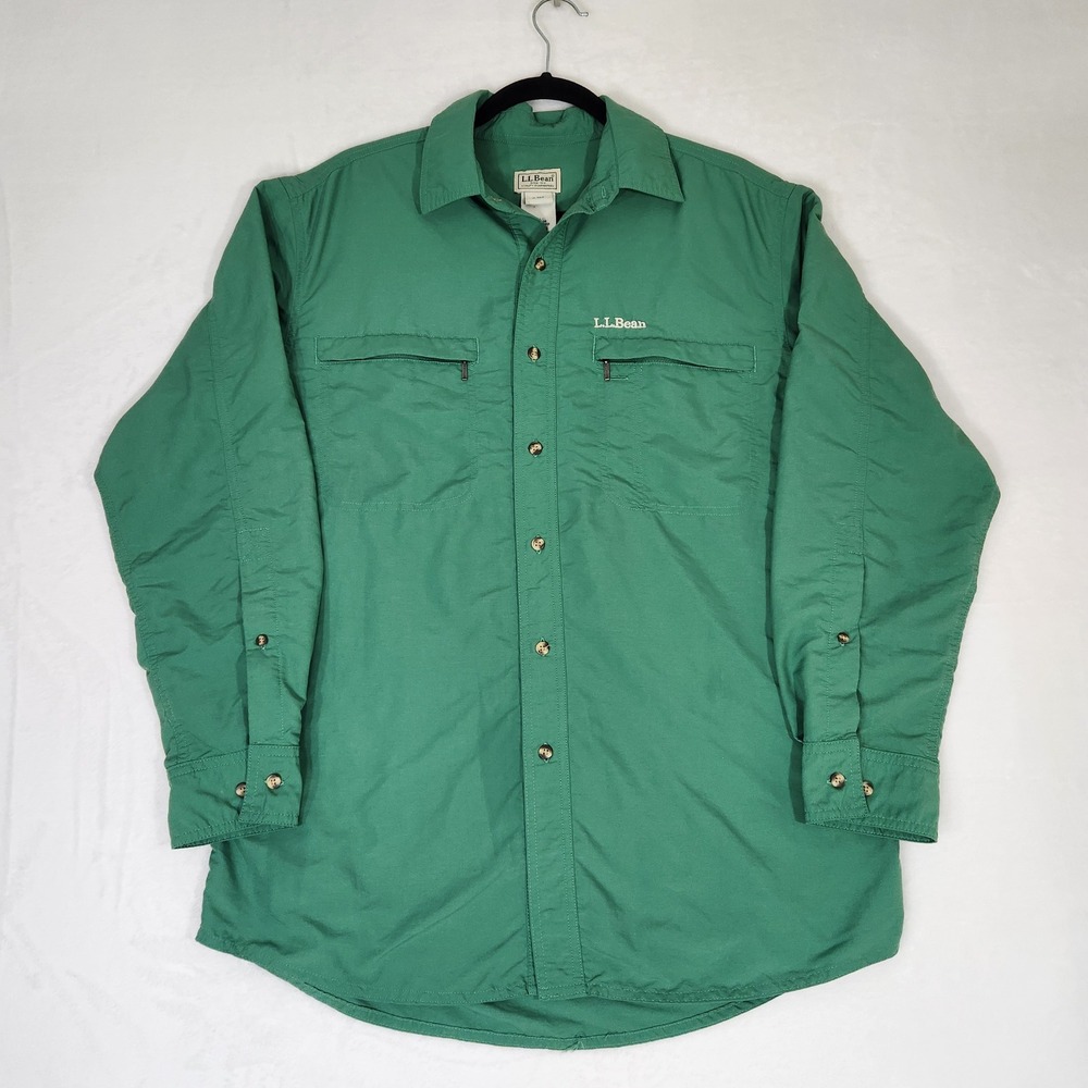 LL Bean Mens Green Long Sleeve Fishing Shirt 5AX48 Medium Regular Utility Top